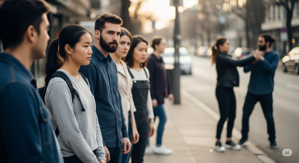 Persone che assistono a una violenza senza intervenire (effetto spettatore - bystander effect).